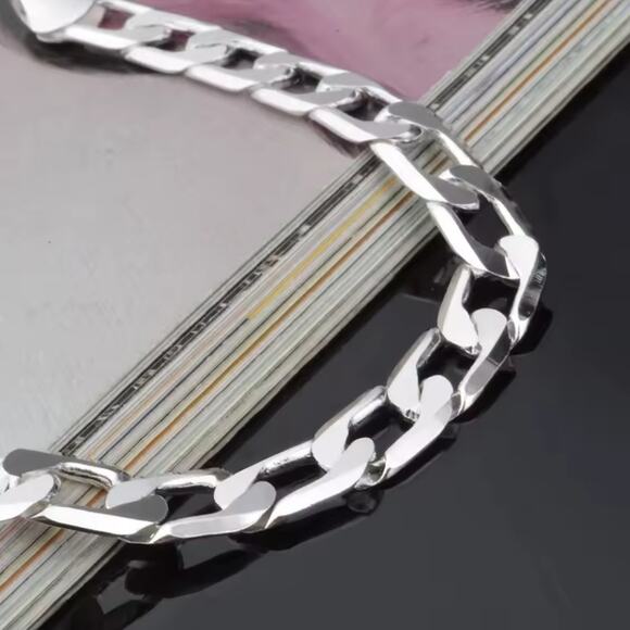Men's 6mm. 925 Silver Cuban Chain Bracelet Christmas Birthday Fashion Gift NEW!